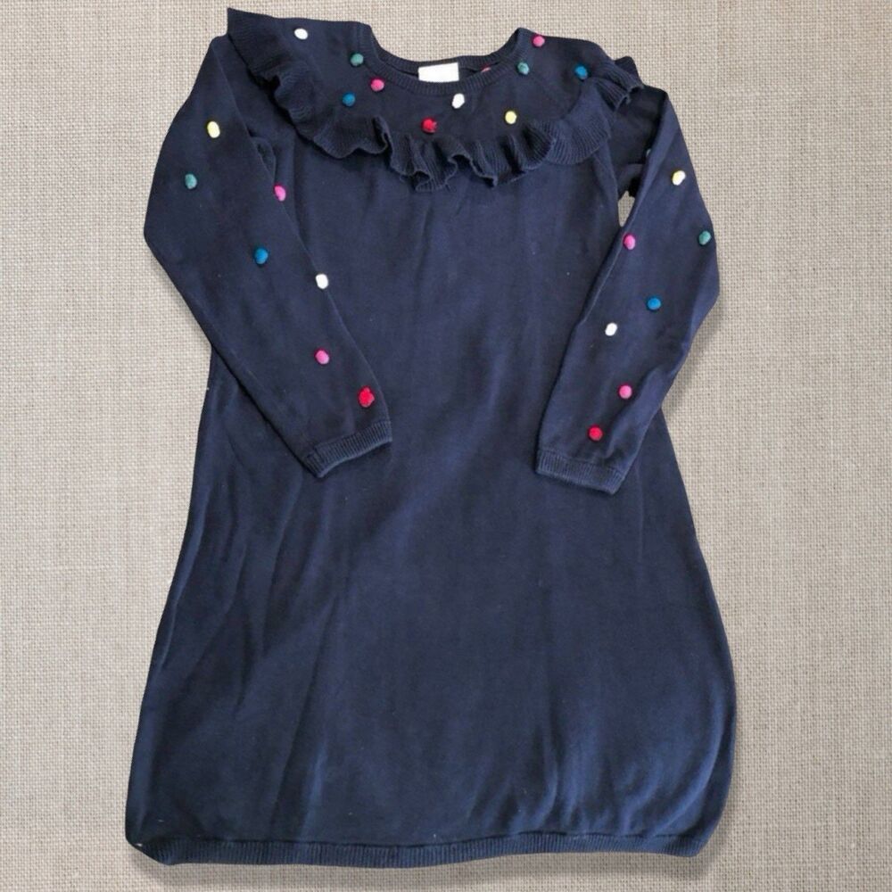 Hanna Andersson Navy Pom Pom Ruffle Sweater Dress Girls Size 12